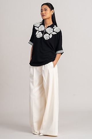 Black Twill Georgette Tie-Up Top by Namrata Joshipura