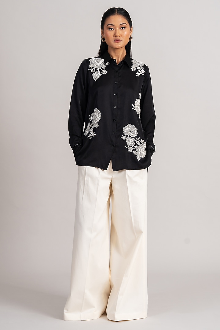 Black Modal Linen Floral Shirt by Namrata Joshipura at Pernia's Pop Up Shop
