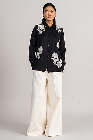 Black Modal Linen Floral Shirt by Namrata Joshipura