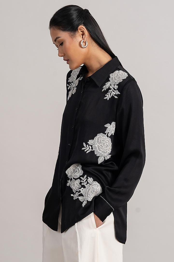 Black Modal Linen Floral Shirt by Namrata Joshipura at Pernia's Pop Up Shop