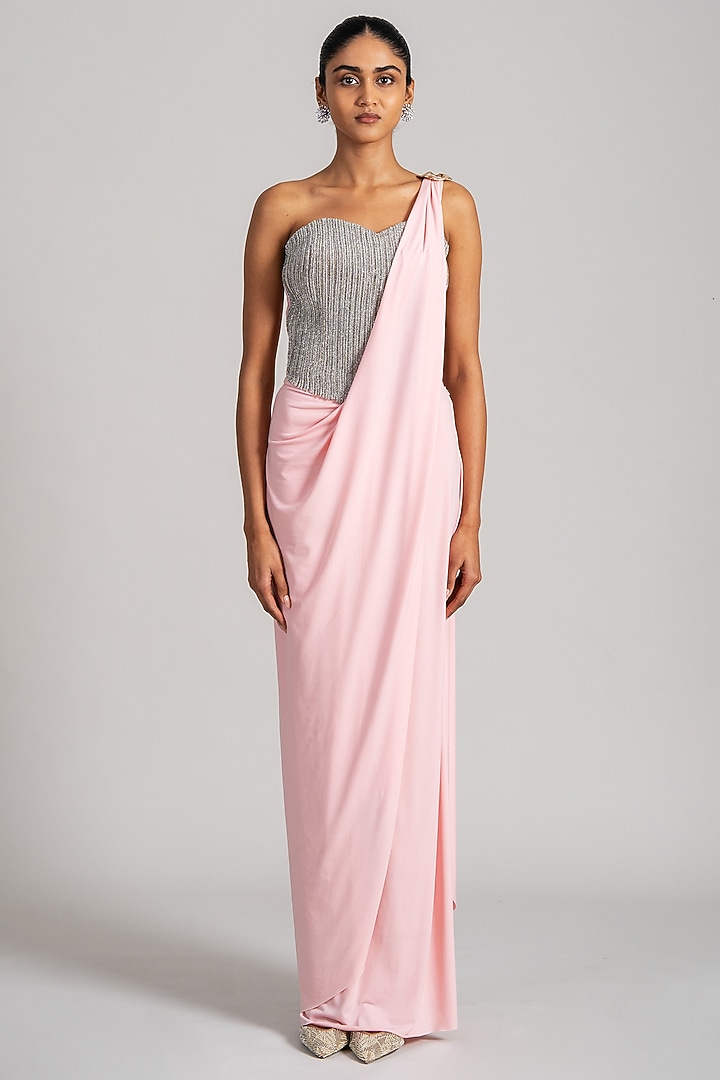 Pink Jersey Draped Wedding Saree Set by Namrata Joshipura at Pernia's Pop Up Shop