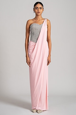 Pink Jersey Draped Saree Set by Namrata Joshipura