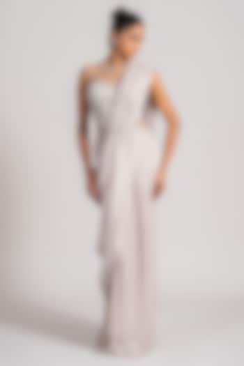 Ivory Shimmer Chiffon Draped Reception Saree Set by Namrata Joshipura at Pernia's Pop Up Shop