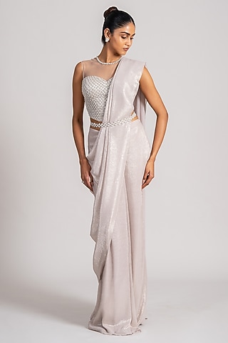 Ivory Shimmer Chiffon Draped Saree Set by Namrata Joshipura