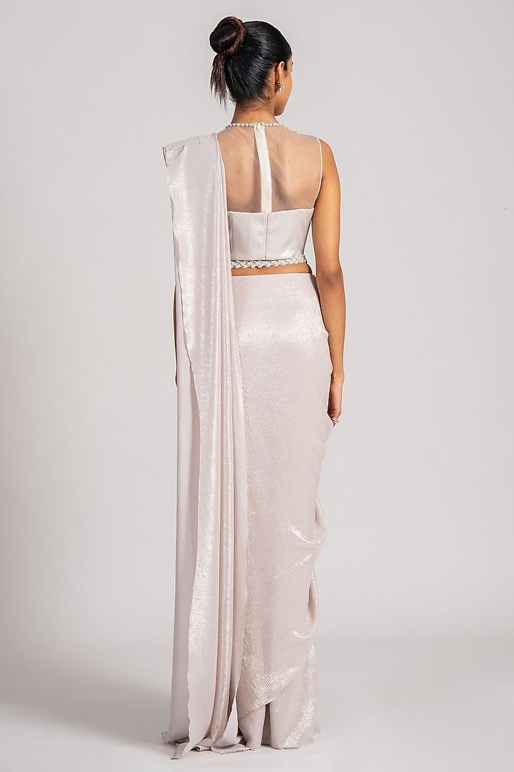 Ivory Shimmer Chiffon Draped Reception Saree Set by Namrata Joshipura at Pernia's Pop Up Shop