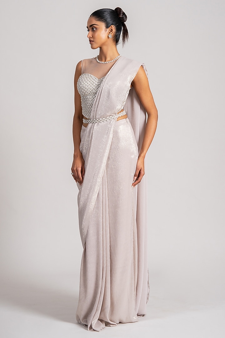 Ivory Shimmer Chiffon Draped Reception Saree Set by Namrata Joshipura at Pernia's Pop Up Shop