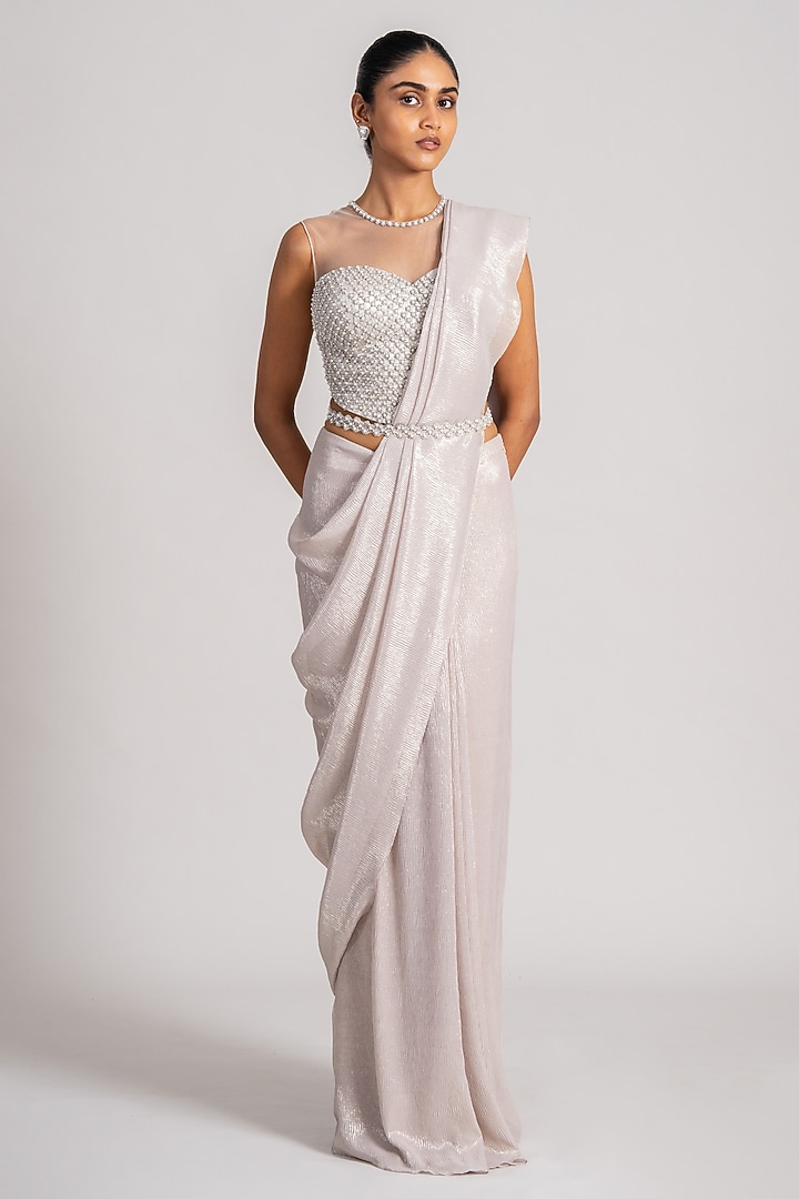 Ivory Shimmer Chiffon Draped Reception Saree Set by Namrata Joshipura at Pernia's Pop Up Shop