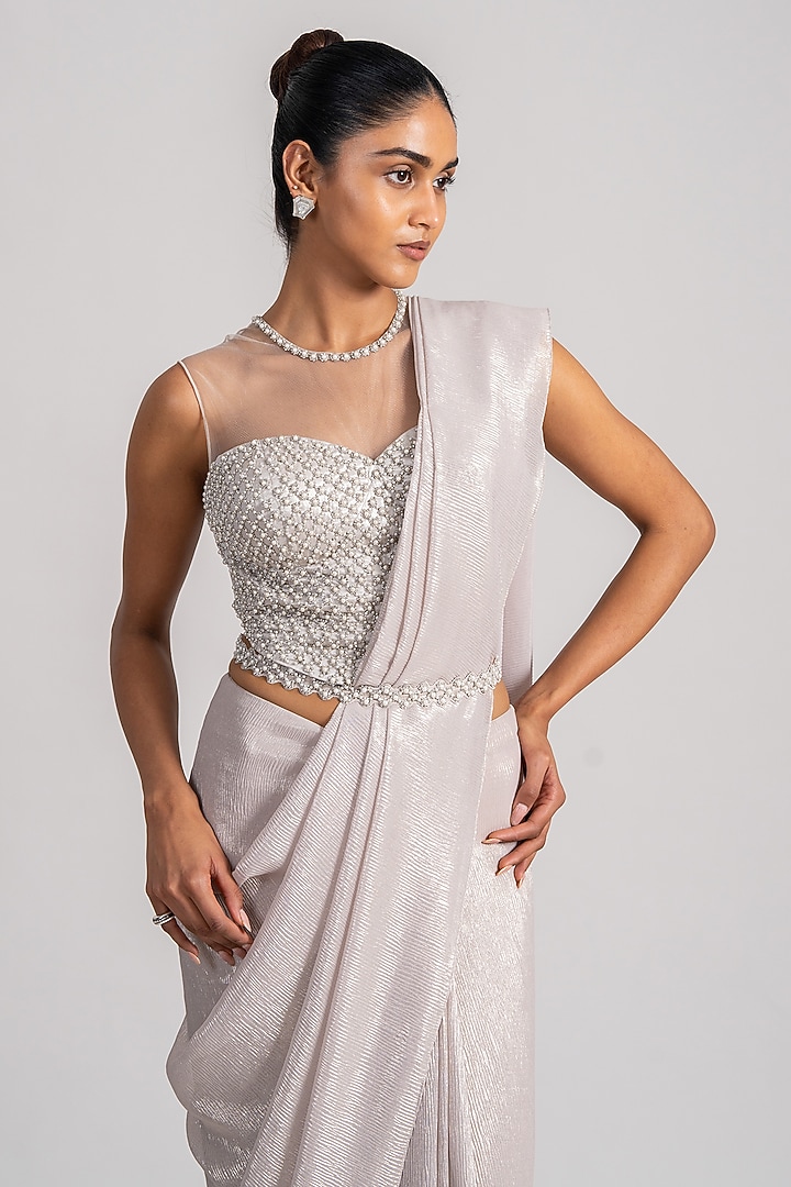Ivory Shimmer Chiffon Draped Reception Saree Set by Namrata Joshipura at Pernia's Pop Up Shop