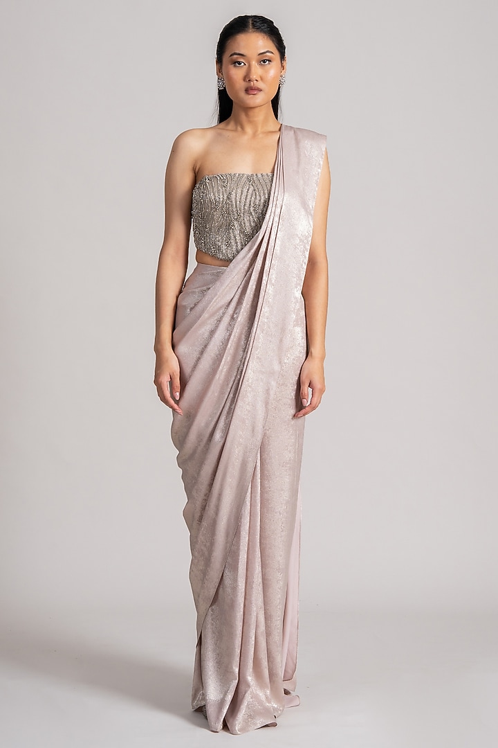 Dusty Pink Milano Satin Draped Reception Saree Set by Namrata Joshipura at Pernia's Pop Up Shop
