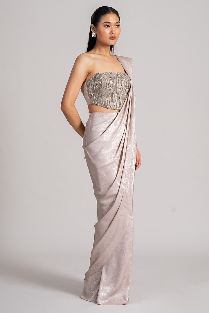 Dusty Pink Milano Satin Draped Reception Saree Set by Namrata Joshipura at Pernia's Pop Up Shop