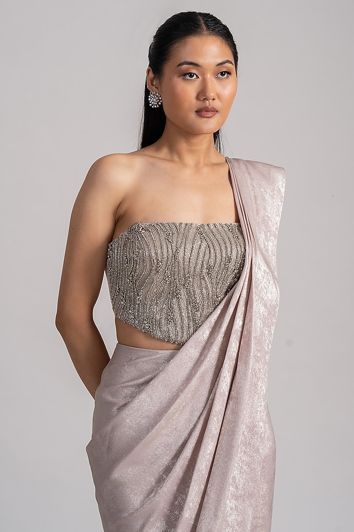 Dusty Pink Milano Satin Draped Reception Saree Set by Namrata Joshipura at Pernia's Pop Up Shop
