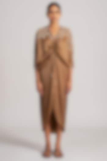 Khaki Georgette Midi Cocktail Dress by Namrata Joshipura at Pernia's Pop Up Shop