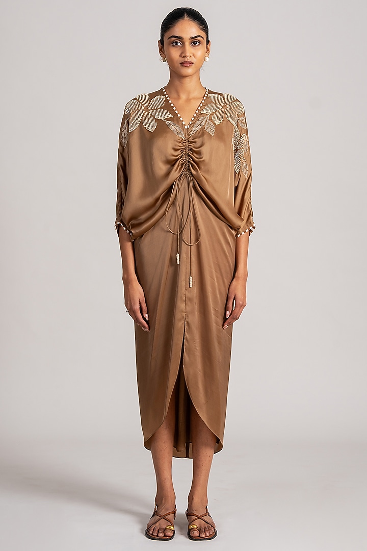 Khaki Georgette Midi Cocktail Dress by Namrata Joshipura at Pernia's Pop Up Shop