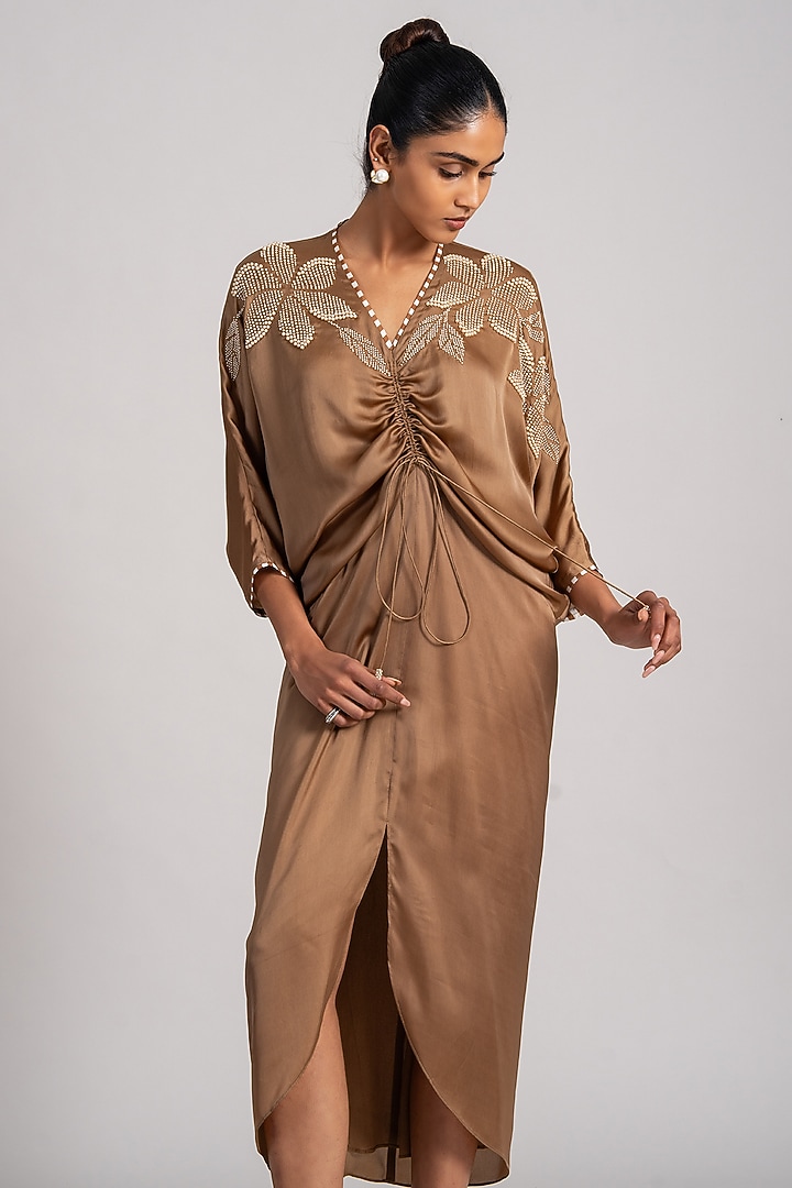 Khaki Georgette Midi Cocktail Dress by Namrata Joshipura at Pernia's Pop Up Shop