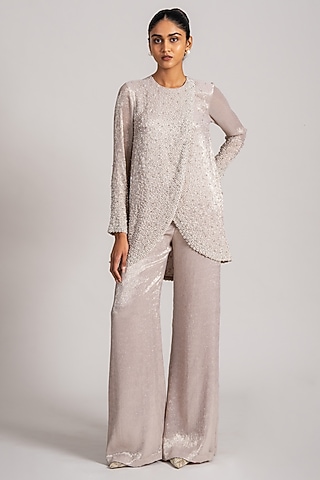 Ivory Shimmer Chiffon Co-Ord Set by Namrata Joshipura