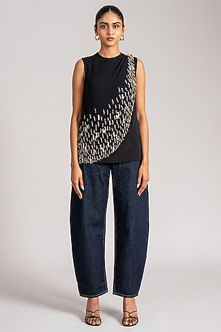 Black Jersey Draped Top by Namrata Joshipura