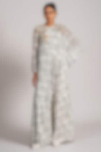 Ivory Georgette Printed Cape Jumpsuit by Namrata Joshipura at Pernia's Pop Up Shop