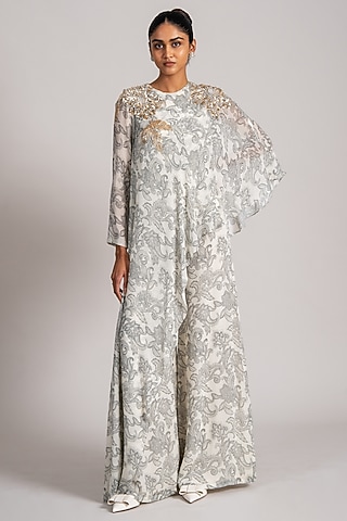 Ivory Georgette Printed Cape Jumpsuit by Namrata Joshipura