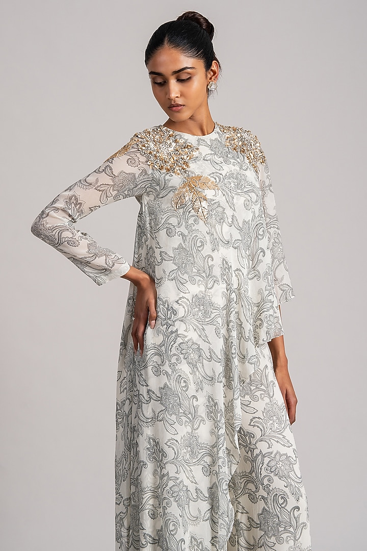Ivory Georgette Printed Cape Jumpsuit by Namrata Joshipura at Pernia's Pop Up Shop