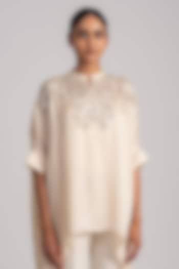 Ecru Beige Cupro Satin Handkerchief Tunic by Namrata Joshipura at Pernia's Pop Up Shop