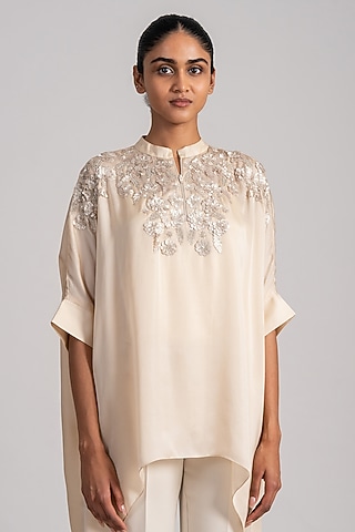 Ecru Beige Cupro Satin Handkerchief Tunic by Namrata Joshipura
