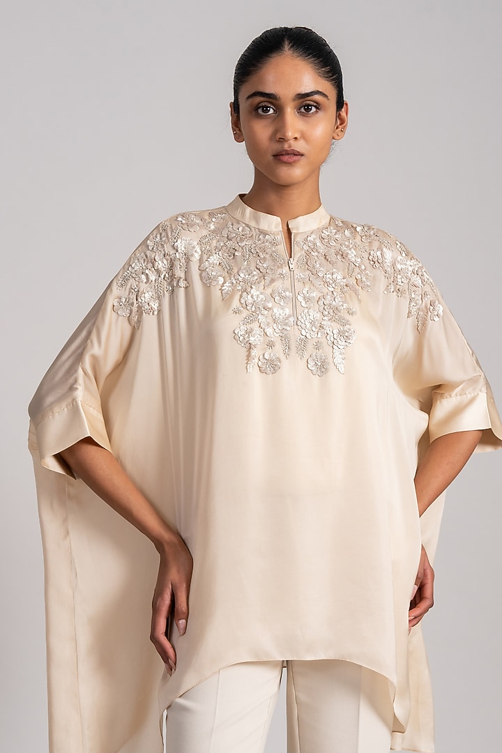 Ecru Beige Cupro Satin Handkerchief Tunic by Namrata Joshipura at Pernia's Pop Up Shop