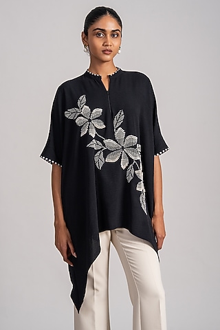 Black Twill Georgette Handkerchief Tunic by Namrata Joshipura