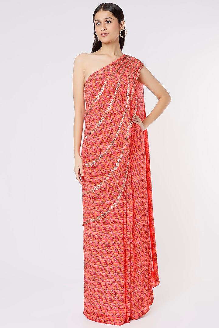 Red Embellished & Printed Pleated Gown Saree by Namrata Joshipura