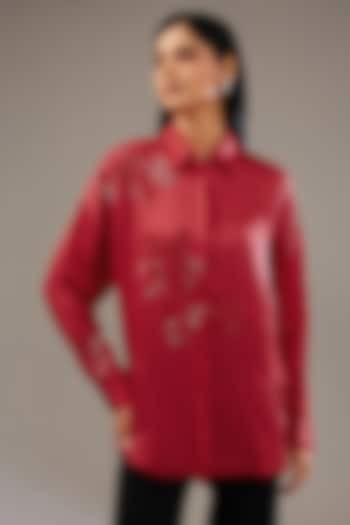 Crimson Red Satin Linen Hand & Machine Embellished Shirt by Namrata Joshipura at Pernia's Pop Up Shop