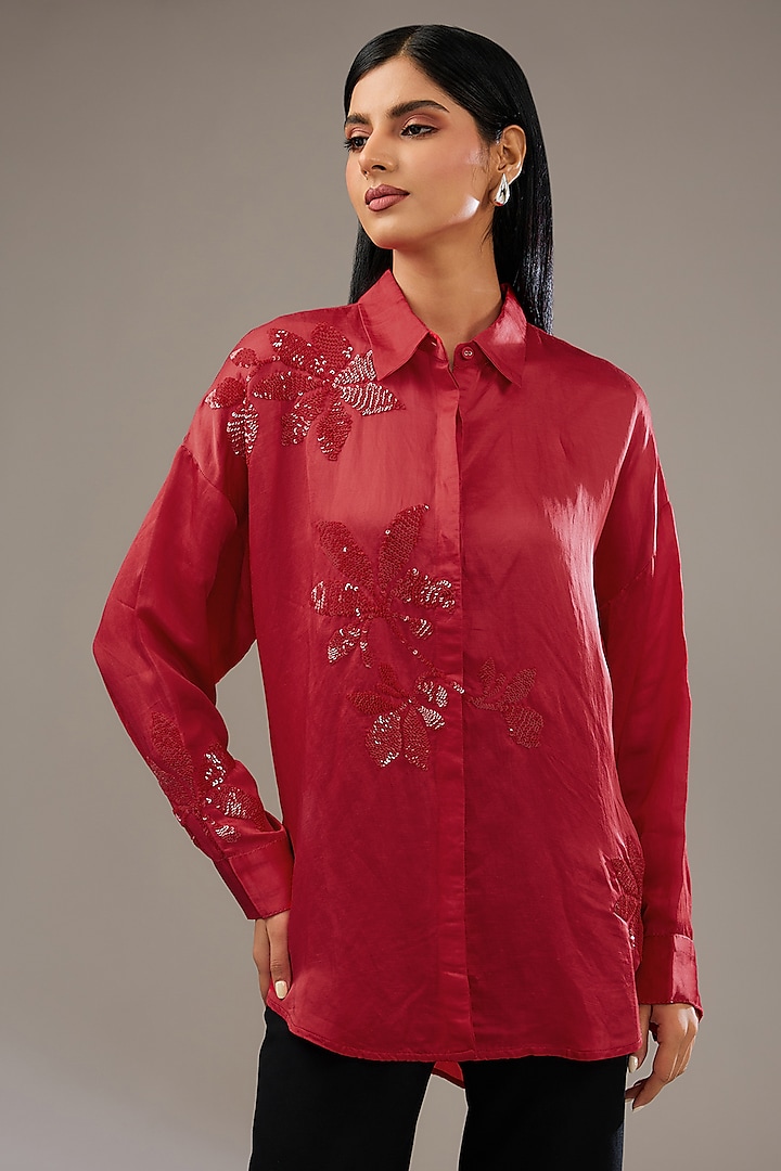 Crimson Red Satin Linen Hand & Machine Embellished Shirt by Namrata Joshipura at Pernia's Pop Up Shop