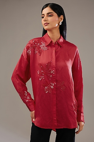 Crimson Red Satin Linen Hand & Machine Embellished Shirt by Namrata Joshipura