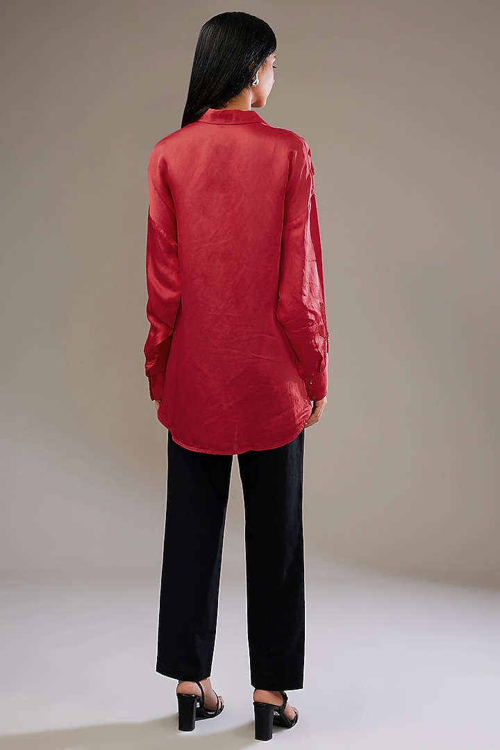Crimson Red Satin Linen Hand & Machine Embellished Shirt by Namrata Joshipura at Pernia's Pop Up Shop