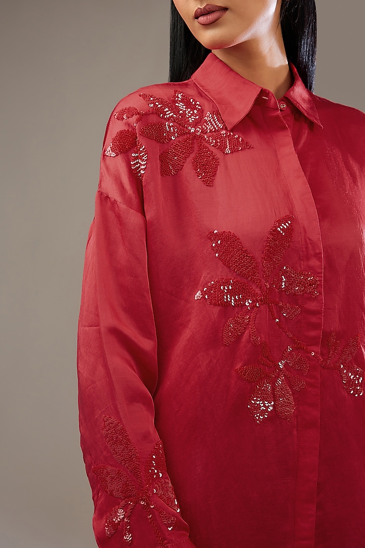 Crimson Red Satin Linen Hand & Machine Embellished Shirt by Namrata Joshipura at Pernia's Pop Up Shop