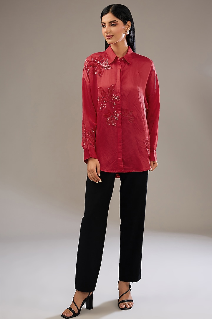 Crimson Red Satin Linen Hand & Machine Embellished Shirt by Namrata Joshipura at Pernia's Pop Up Shop