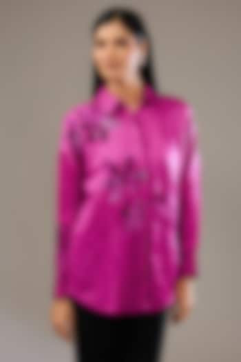 Ruby Pink Satin Linen Hand & Machine Embellished Shirt by Namrata Joshipura at Pernia's Pop Up Shop