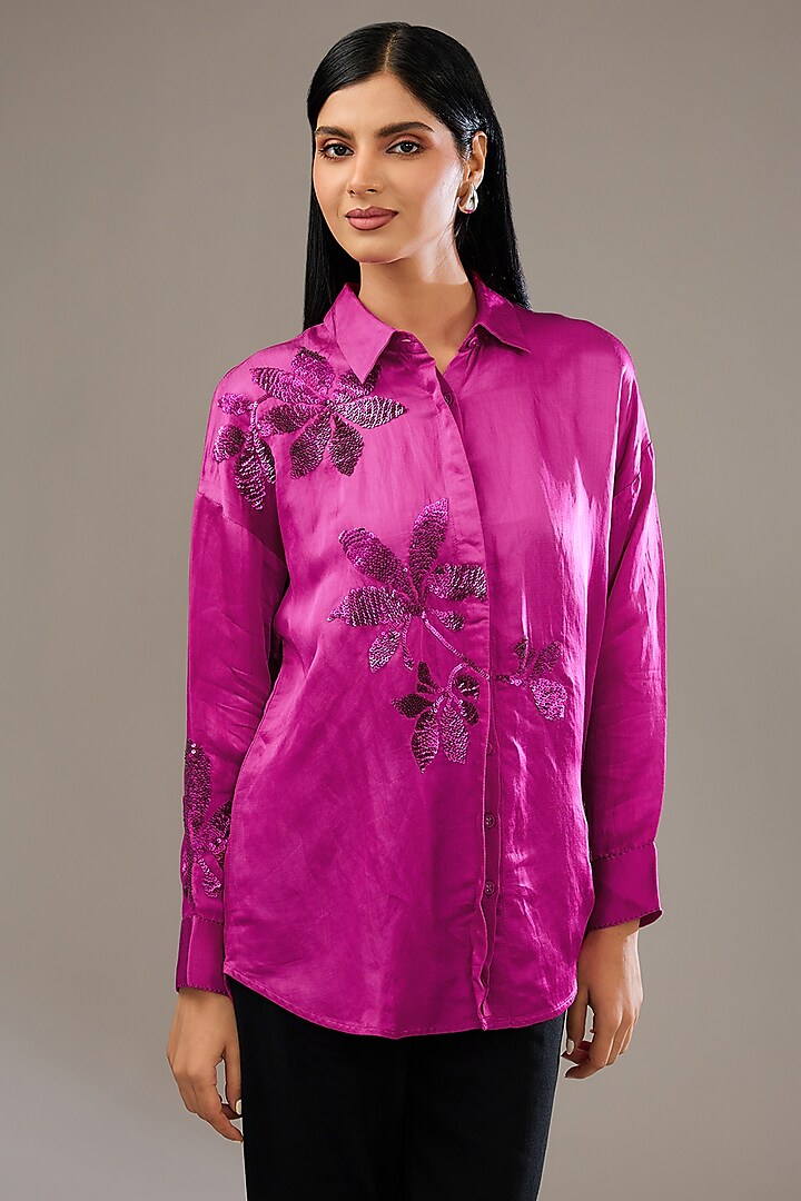 Ruby Pink Satin Linen Hand & Machine Embellished Shirt by Namrata Joshipura at Pernia's Pop Up Shop