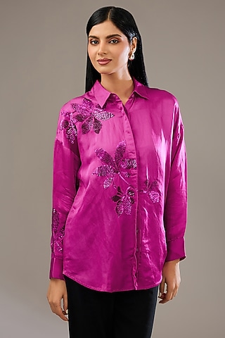 Ruby Pink Satin Linen Hand & Machine Embellished Shirt by Namrata Joshipura