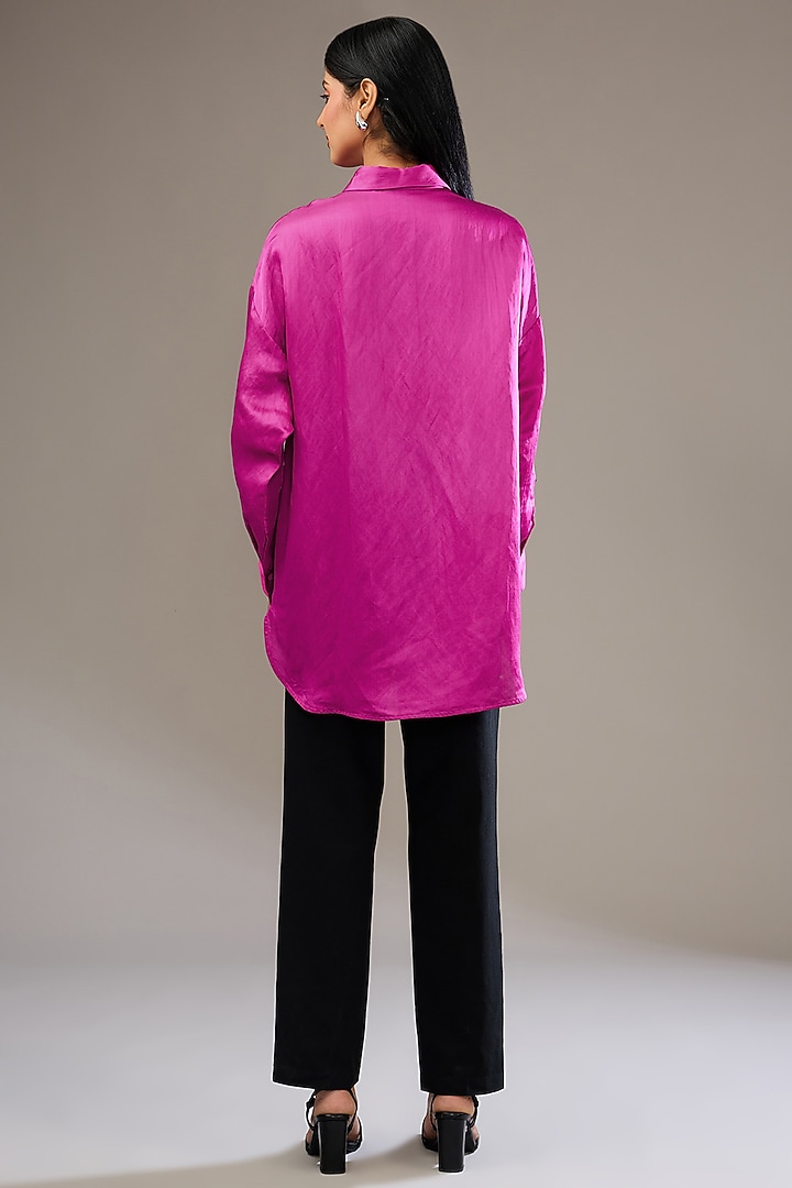 Ruby Pink Satin Linen Hand & Machine Embellished Shirt by Namrata Joshipura at Pernia's Pop Up Shop