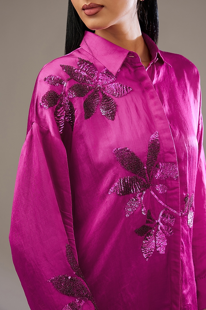 Ruby Pink Satin Linen Hand & Machine Embellished Shirt by Namrata Joshipura at Pernia's Pop Up Shop