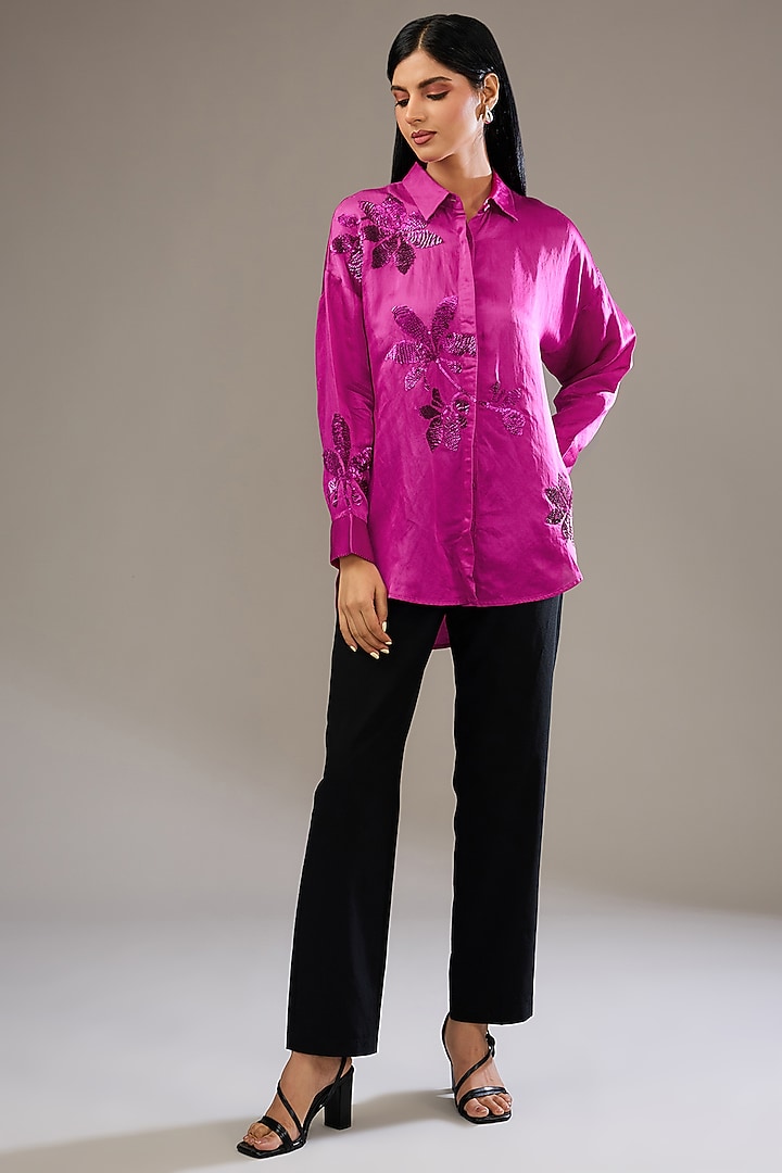 Ruby Pink Satin Linen Hand & Machine Embellished Shirt by Namrata Joshipura at Pernia's Pop Up Shop