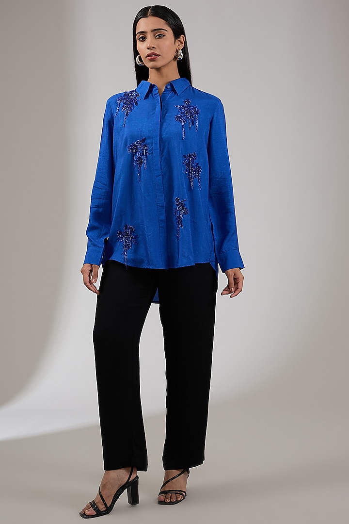 Amber Silk Voile Floral Hand & Machine Embellished Shirt by Namrata Joshipura at Pernia's Pop Up Shop