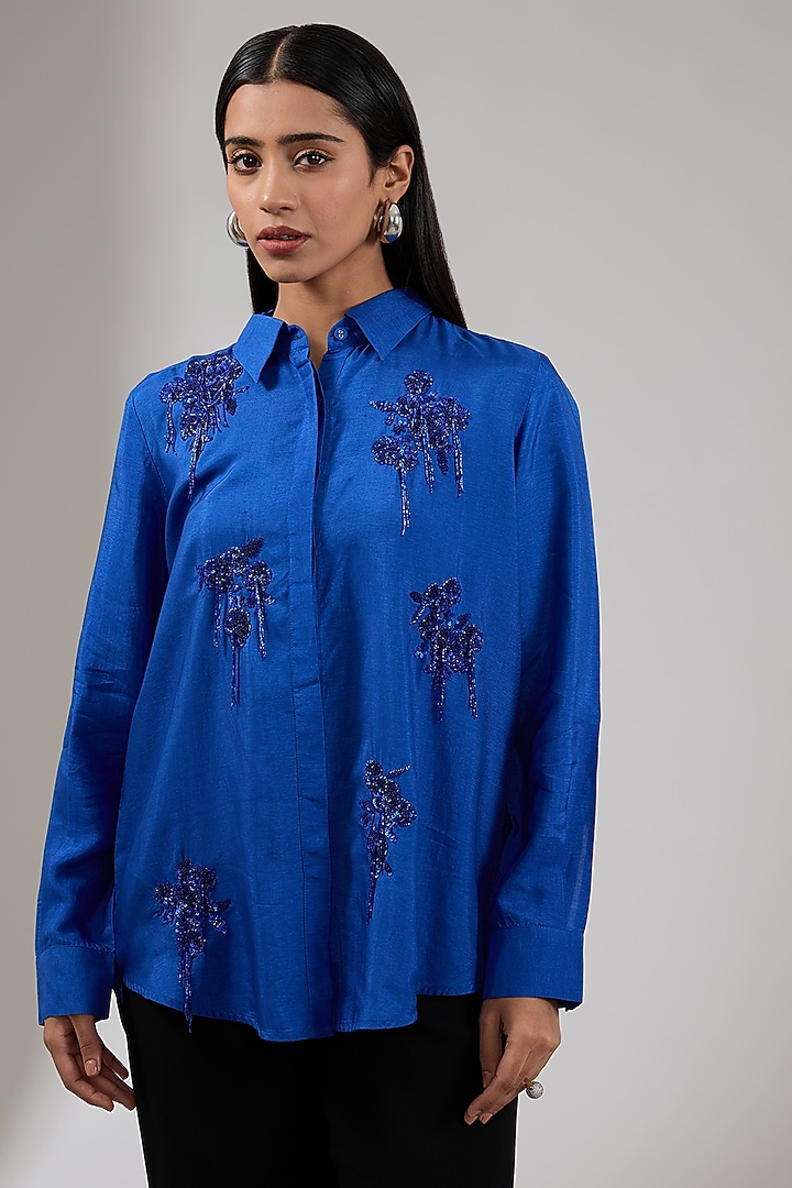 Amber Silk Voile Floral Hand & Machine Embellished Shirt by Namrata Joshipura at Pernia's Pop Up Shop