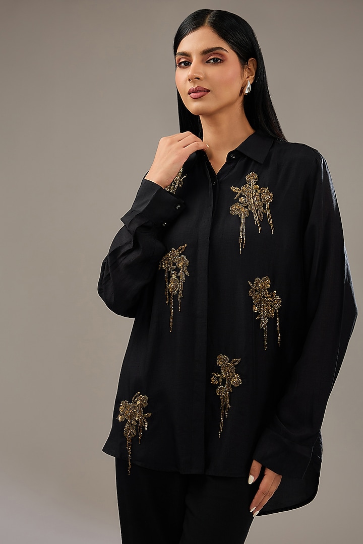 Charcoal Silk Voile Hand & Machine Embellished Shirt by Namrata Joshipura at Pernia's Pop Up Shop