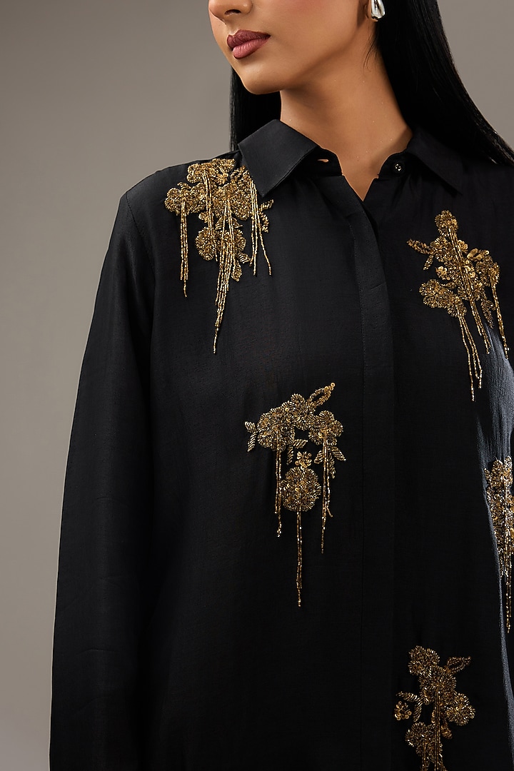 Charcoal Silk Voile Hand & Machine Embellished Shirt by Namrata Joshipura at Pernia's Pop Up Shop