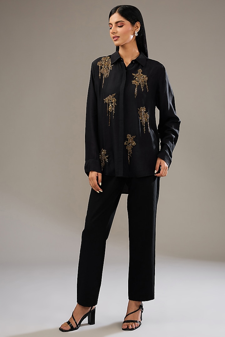 Charcoal Silk Voile Hand & Machine Embellished Shirt by Namrata Joshipura at Pernia's Pop Up Shop