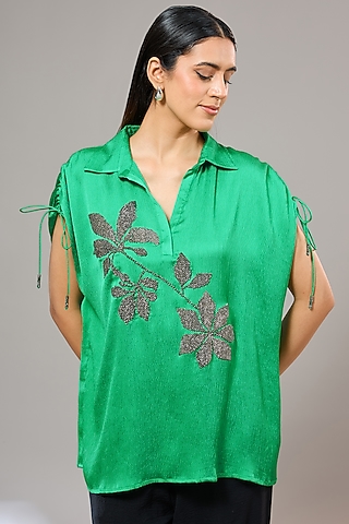 Green Bubble Crepe Floral Hand & Machine Embellished Shirt by Namrata Joshipura