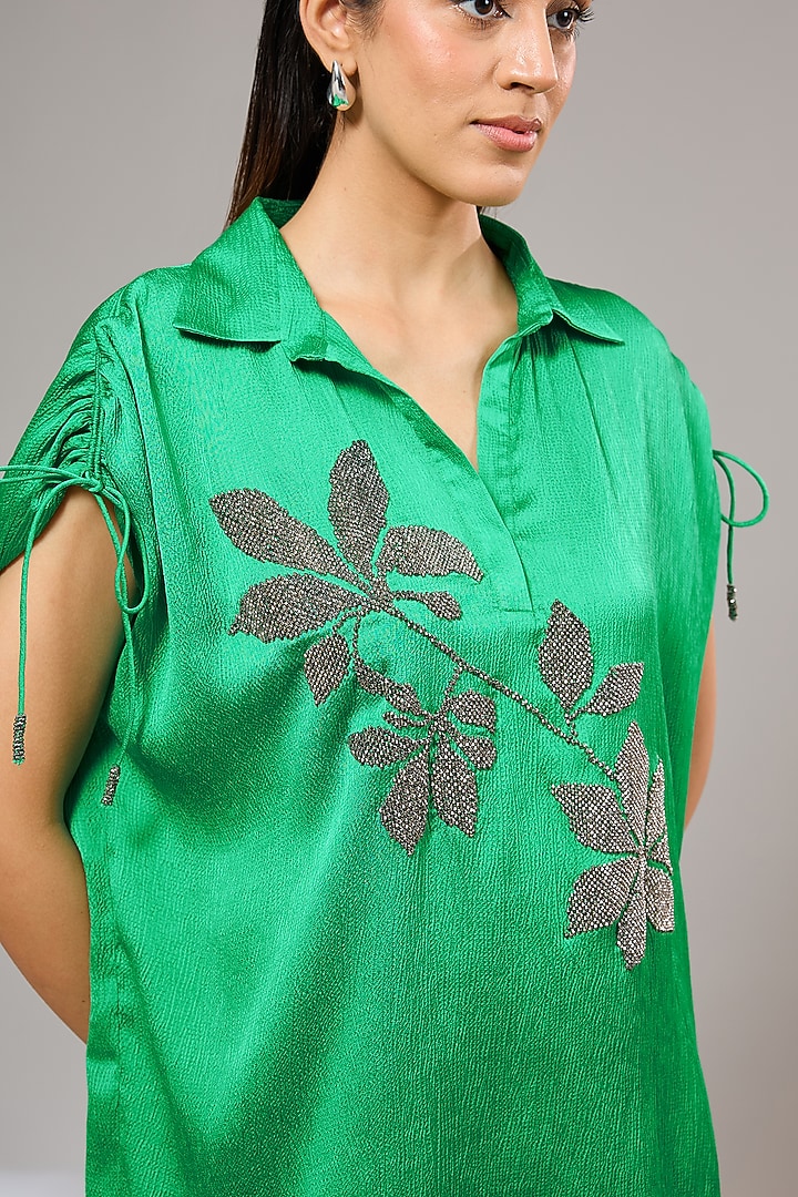 Green Bubble Crepe Floral Hand & Machine Embellished Shirt by Namrata Joshipura at Pernia's Pop Up Shop