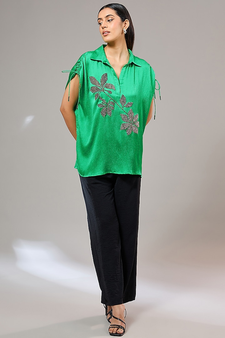 Green Bubble Crepe Floral Hand & Machine Embellished Shirt by Namrata Joshipura at Pernia's Pop Up Shop