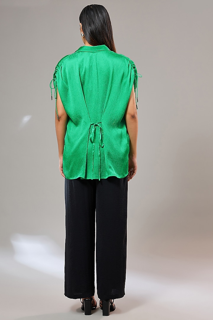 Green Bubble Crepe Floral Hand & Machine Embellished Shirt by Namrata Joshipura at Pernia's Pop Up Shop