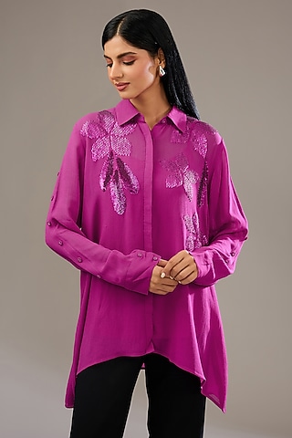 Ruby Pink Satin Linen Hand & Machine Embellished Shirt by Namrata Joshipura